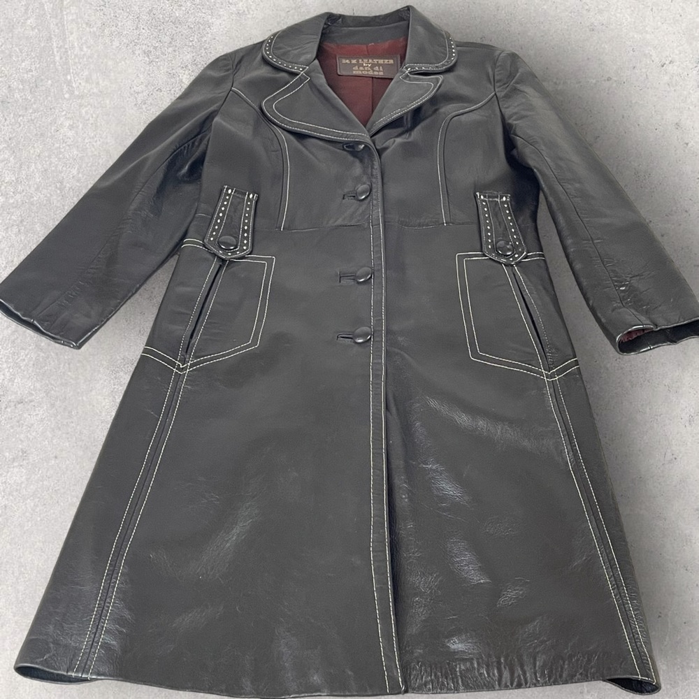 Vintage Womens Black Steampunk Rockabilly Leather Trench Coat By Dan Di Modes